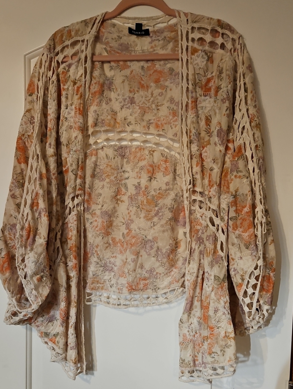 Cream Floral Crochet-Trim Kimono Cardigan with Orange Accents